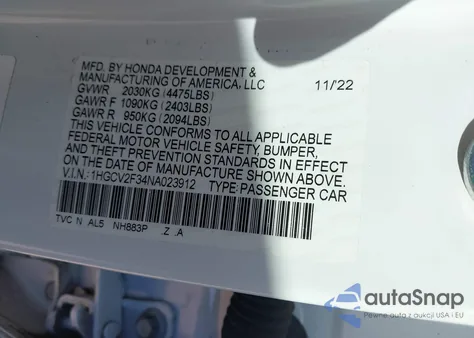 2022 Honda Accord Sport 2.0T z USA, uszkodzony, nr VIN 1HGCV2F34NA023912